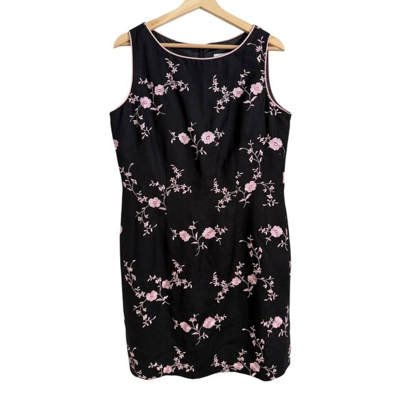 Vintage Linen Floral Embroidered Sheath Dress Black Pink 14 90s Dark Romantic - Picture 1 of 4